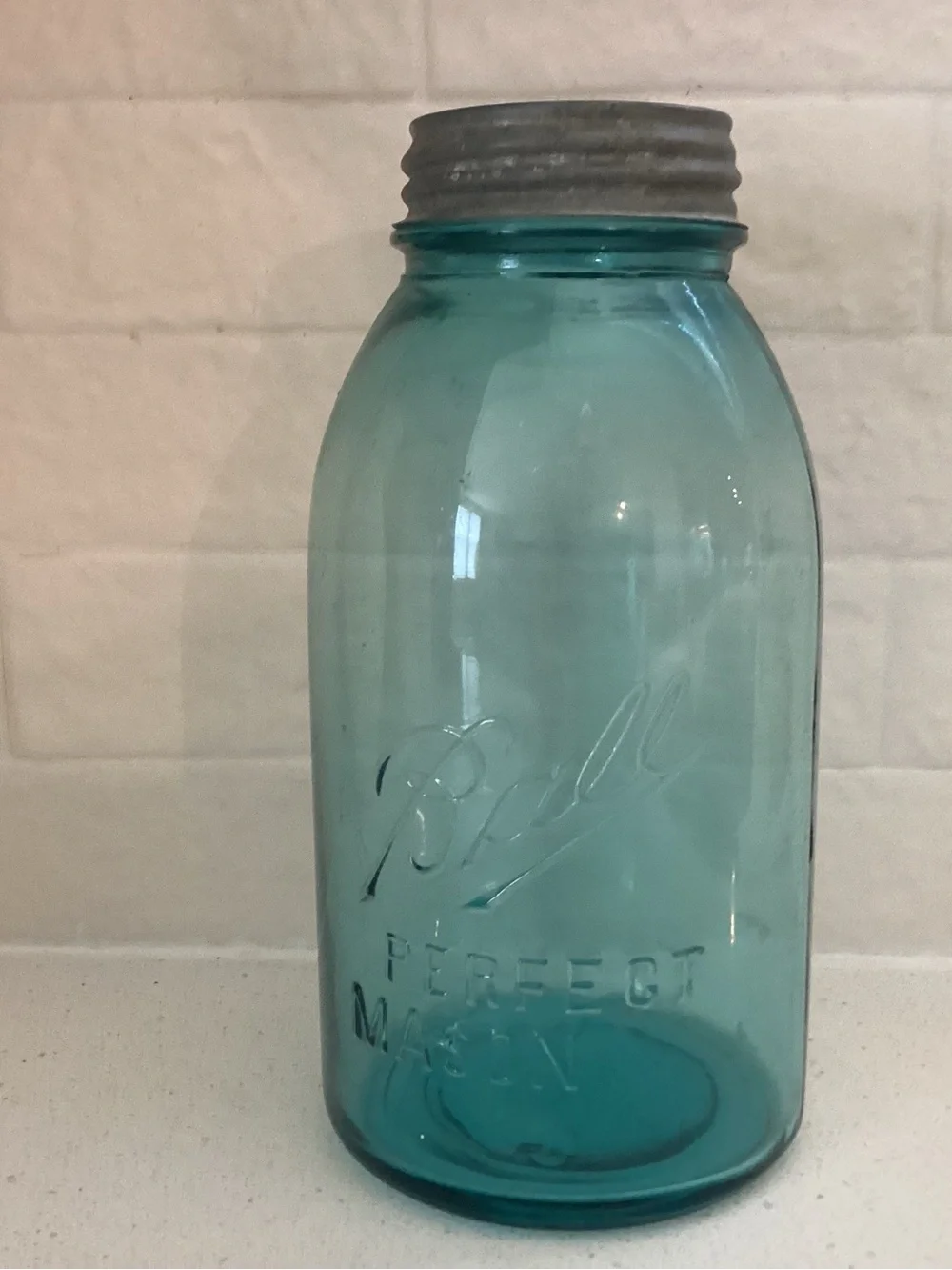 Vtg. Aqua Blue Ball Perfect Mason glass embossed jar with Scripto logo. 2qt.